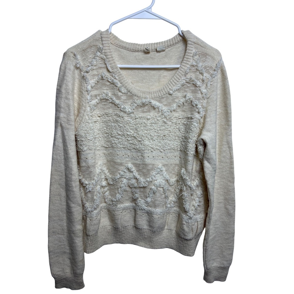 Moth Anthropologie Cream Textured Fringe Knit Sweater Wool Alpaca Blend L Croppe